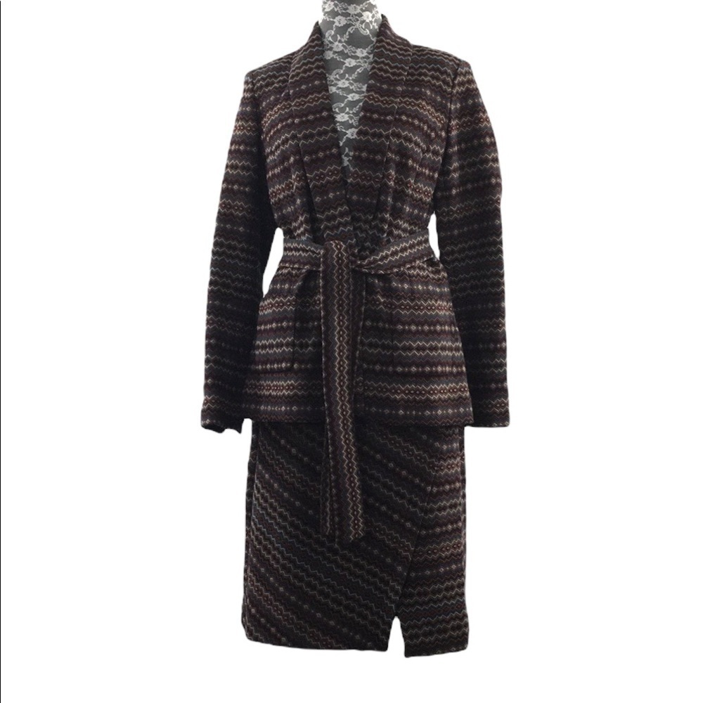 Doncaster Brown Blue Chevron Knit Blazer Jacket Skirt Set Womens 2 4 Vintage